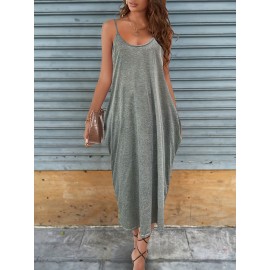 Deep V Neck Cami Dress With Pocket, Solid Casual Every Day Dress For Spring & Summer, Women's Clothing