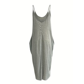 Deep V Neck Cami Dress With Pocket, Solid Casual Every Day Dress For Spring & Summer, Women's Clothing