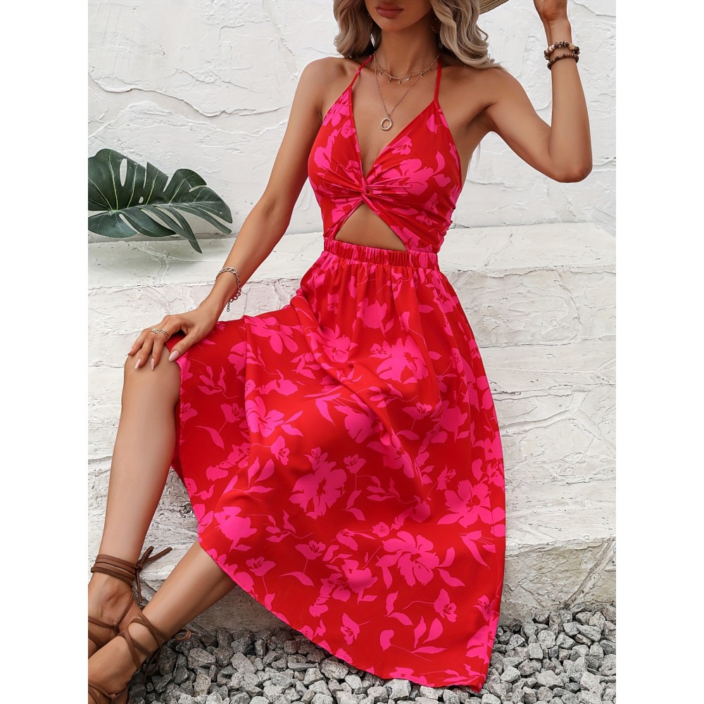 Floral Print Halter Neck Dress, Vacation Cut Out Sleeveless Maxi Dress, Women's Clothing