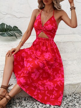 Floral Print Halter Neck Dress, Vacation Cut Out Sleeveless Maxi Dress, Women's Clothing