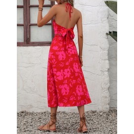 Floral Print Halter Neck Dress, Vacation Cut Out Sleeveless Maxi Dress, Women's Clothing