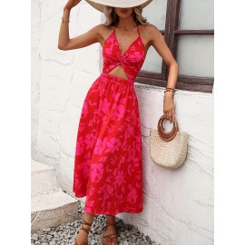 Floral Print Halter Neck Dress, Vacation Cut Out Sleeveless Maxi Dress, Women's Clothing