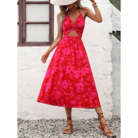 Floral Print Halter Neck Dress, Vacation Cut Out Sleeveless Maxi Dress, Women's Clothing