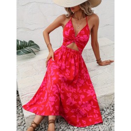 Floral Print Halter Neck Dress, Vacation Cut Out Sleeveless Maxi Dress, Women's Clothing