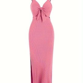 Sexy Spaghetti Strap Ribbed Knot Cutout Side Split Maxi Dress, Solid Body-Con Dress For Spring & Fall, Women's Clothing