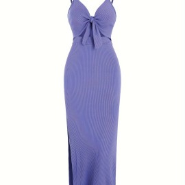 Sexy Spaghetti Strap Ribbed Knot Cutout Side Split Maxi Dress, Solid Body-Con Dress For Spring & Fall, Women's Clothing