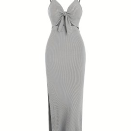 Sexy Spaghetti Strap Ribbed Knot Cutout Side Split Maxi Dress, Solid Body-Con Dress For Spring & Fall, Women's Clothing