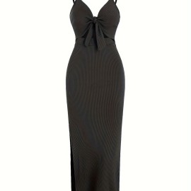 Sexy Spaghetti Strap Ribbed Knot Cutout Side Split Maxi Dress, Solid Body-Con Dress For Spring & Fall, Women's Clothing