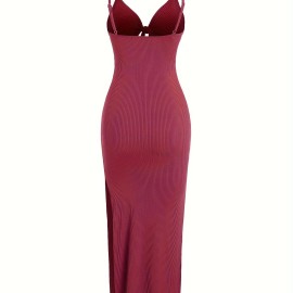 Sexy Spaghetti Strap Ribbed Knot Cutout Side Split Maxi Dress, Solid Body-Con Dress For Spring & Fall, Women's Clothing