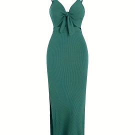 Sexy Spaghetti Strap Ribbed Knot Cutout Side Split Maxi Dress, Solid Body-Con Dress For Spring & Fall, Women's Clothing