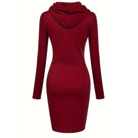 Women's Casual Solid Long Sleeve Hooded Dress with Kangaroo Pocket - Comfortable and Stylish Women's Clothing