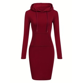 Women's Casual Solid Long Sleeve Hooded Dress with Kangaroo Pocket - Comfortable and Stylish Women's Clothing