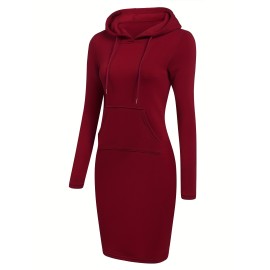 Women's Casual Solid Long Sleeve Hooded Dress with Kangaroo Pocket - Comfortable and Stylish Women's Clothing