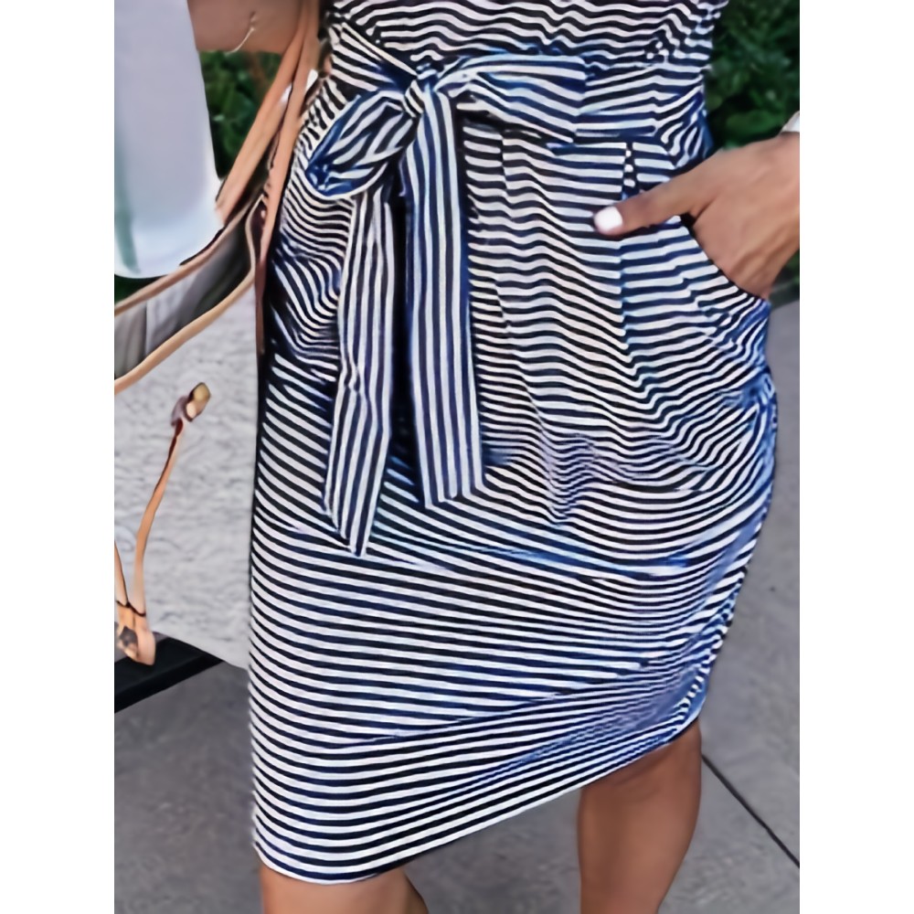 Striped Round Neck Slim Dress, Casual Buttons Belt Waist Summer Short Sleeve T Shirt Dresses, Women's Clothing