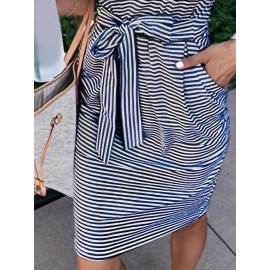 Striped Round Neck Slim Dress, Casual Buttons Belt Waist Summer Short Sleeve T Shirt Dresses, Women's Clothing