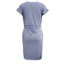 Striped Round Neck Slim Dress, Casual Buttons Belt Waist Summer Short Sleeve T Shirt Dresses, Women's Clothing