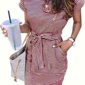 Striped Round Neck Slim Dress, Casual Buttons Belt Waist Summer Short Sleeve T Shirt Dresses, Women's Clothing