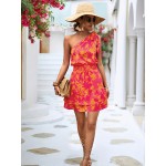 Boho One Shoulder Floral Print Dress - Women's Fashion with Shirred Waist