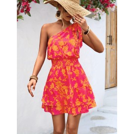 Boho One Shoulder Floral Print Dress - Women's Fashion with Shirred Waist