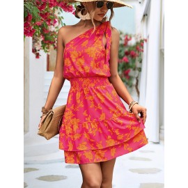 Boho One Shoulder Floral Print Dress - Women's Fashion with Shirred Waist