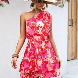 Boho One Shoulder Floral Print Dress - Women's Fashion with Shirred Waist