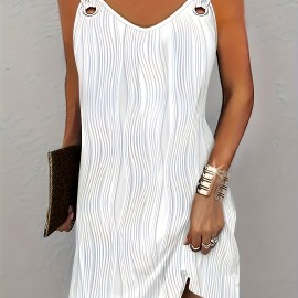 Womens V Neck Sleeveless Mini Dress - Casual Wavy Stripe Solid Dress for Summer