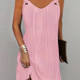 Womens V Neck Sleeveless Mini Dress - Casual Wavy Stripe Solid Dress for Summer