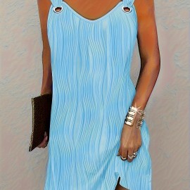 Womens V Neck Sleeveless Mini Dress - Casual Wavy Stripe Solid Dress for Summer