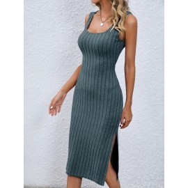 Ribbed Slit Bodycon Tank Dress, Casual Sleeveless Dress For Spring & Summer, Women's Clothing