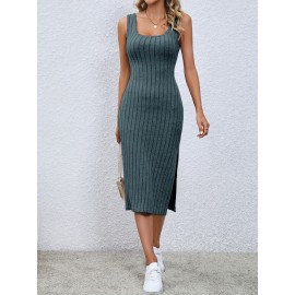 Ribbed Slit Bodycon Tank Dress, Casual Sleeveless Dress For Spring & Summer, Women's Clothing