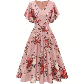 Floral Print Flutter Sleeve Dress, Casual V-neck Dress For Spring & Summer, Women's Clothing