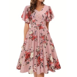 Floral Print Flutter Sleeve Dress, Casual V-neck Dress For Spring & Summer, Women's Clothing