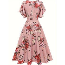 Floral Print Flutter Sleeve Dress, Casual V-neck Dress For Spring & Summer, Women's Clothing