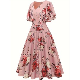 Floral Print Flutter Sleeve Dress, Casual V-neck Dress For Spring & Summer, Women's Clothing