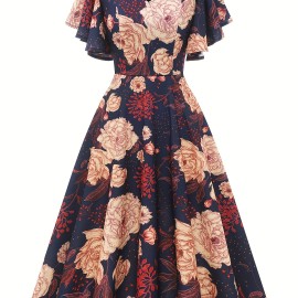 Floral Print Flutter Sleeve Dress, Casual V-neck Dress For Spring & Summer, Women's Clothing