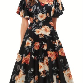 Floral Print Flutter Sleeve Dress, Casual V-neck Dress For Spring & Summer, Women's Clothing