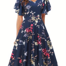 Floral Print Flutter Sleeve Dress, Casual V-neck Dress For Spring & Summer, Women's Clothing