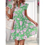 Floral Print V Neck Dress, Elegant Ruffle Sleeve Dress For Spring & Summer, Women's Clothing