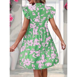 Floral Print V Neck Dress, Elegant Ruffle Sleeve Dress For Spring & Summer, Women's Clothing