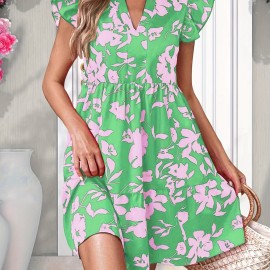 Floral Print V Neck Dress, Elegant Ruffle Sleeve Dress For Spring & Summer, Women's Clothing