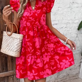 Floral Print V Neck Dress, Elegant Ruffle Sleeve Dress For Spring & Summer, Women's Clothing