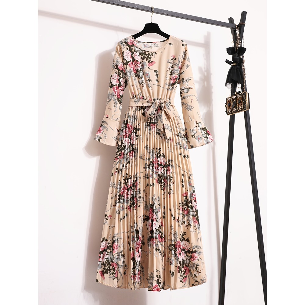 Floral Print Pleated Dress, Crew Neck Elegant Long Sleeve Maxi Dress, Women's Clothing