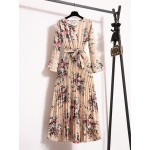 Floral Print Pleated Dress, Crew Neck Elegant Long Sleeve Maxi Dress, Women's Clothing