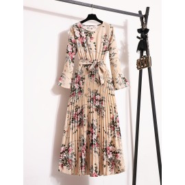 Floral Print Pleated Dress, Crew Neck Elegant Long Sleeve Maxi Dress, Women's Clothing