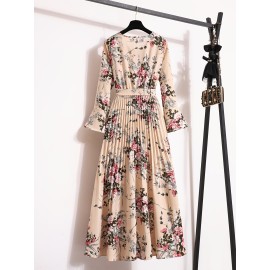 Floral Print Pleated Dress, Crew Neck Elegant Long Sleeve Maxi Dress, Women's Clothing