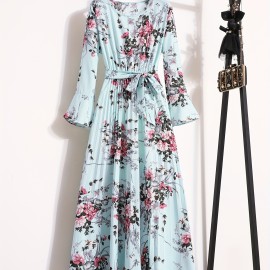 Floral Print Pleated Dress, Crew Neck Elegant Long Sleeve Maxi Dress, Women's Clothing