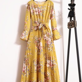 Floral Print Pleated Dress, Crew Neck Elegant Long Sleeve Maxi Dress, Women's Clothing