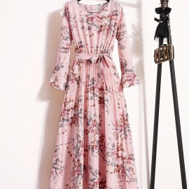 Floral Print Pleated Dress, Crew Neck Elegant Long Sleeve Maxi Dress, Women's Clothing