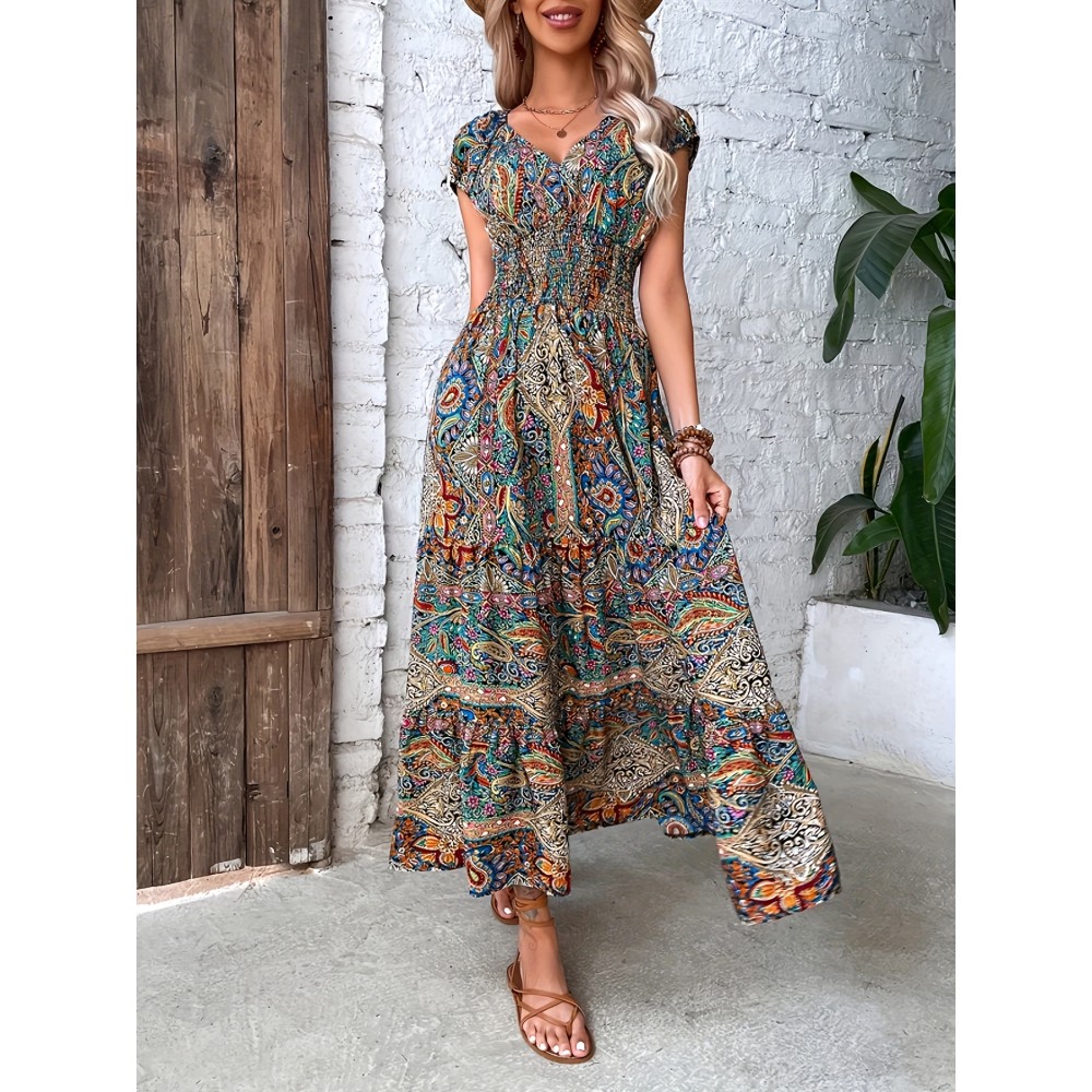 Paisley Print V Neck Dress, Elegant Short Sleeve Shirred Waist Dress For Spring & Summer, Women's Clothing