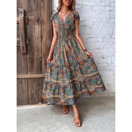 Paisley Print V Neck Dress, Elegant Short Sleeve Shirred Waist Dress For Spring & Summer, Women's Clothing